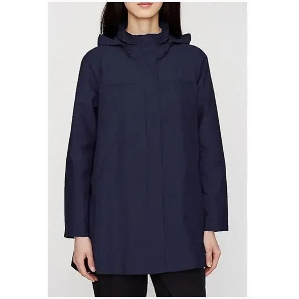 EILEEN FISHER Rain Jacket Full Zip Rollaway Hood Organic Cotton Nylon Navy Sz PP